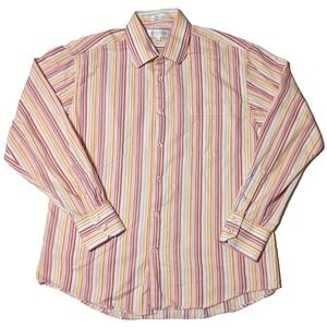 LINEA DOME CHEMISE Men Large (16.5) Red Orange Striped Cotton Button Shirt